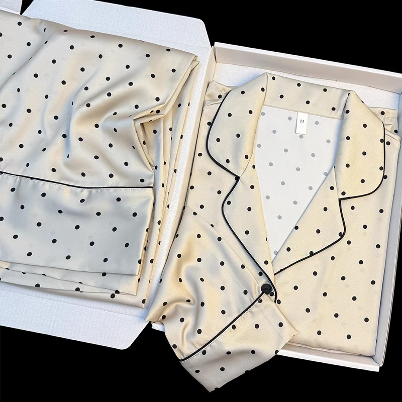 法式轻奢洋气设计感睡衣两件套春秋波点印花翻领休闲居家服套装女