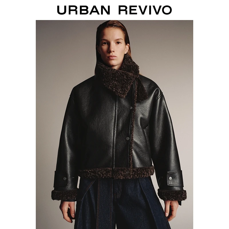 【秀场同款】UR2025冬季新款女潮流毛绒PU拼接外套UWJ150088