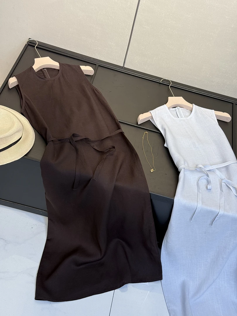 女天丝亚麻标准版型斜裁中长款系带收腰背心连衣裙夏季24287