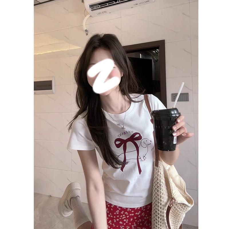 白色正肩短袖t恤女夏季设计感小众修身显瘦蝴蝶结印花甜辣妹上衣