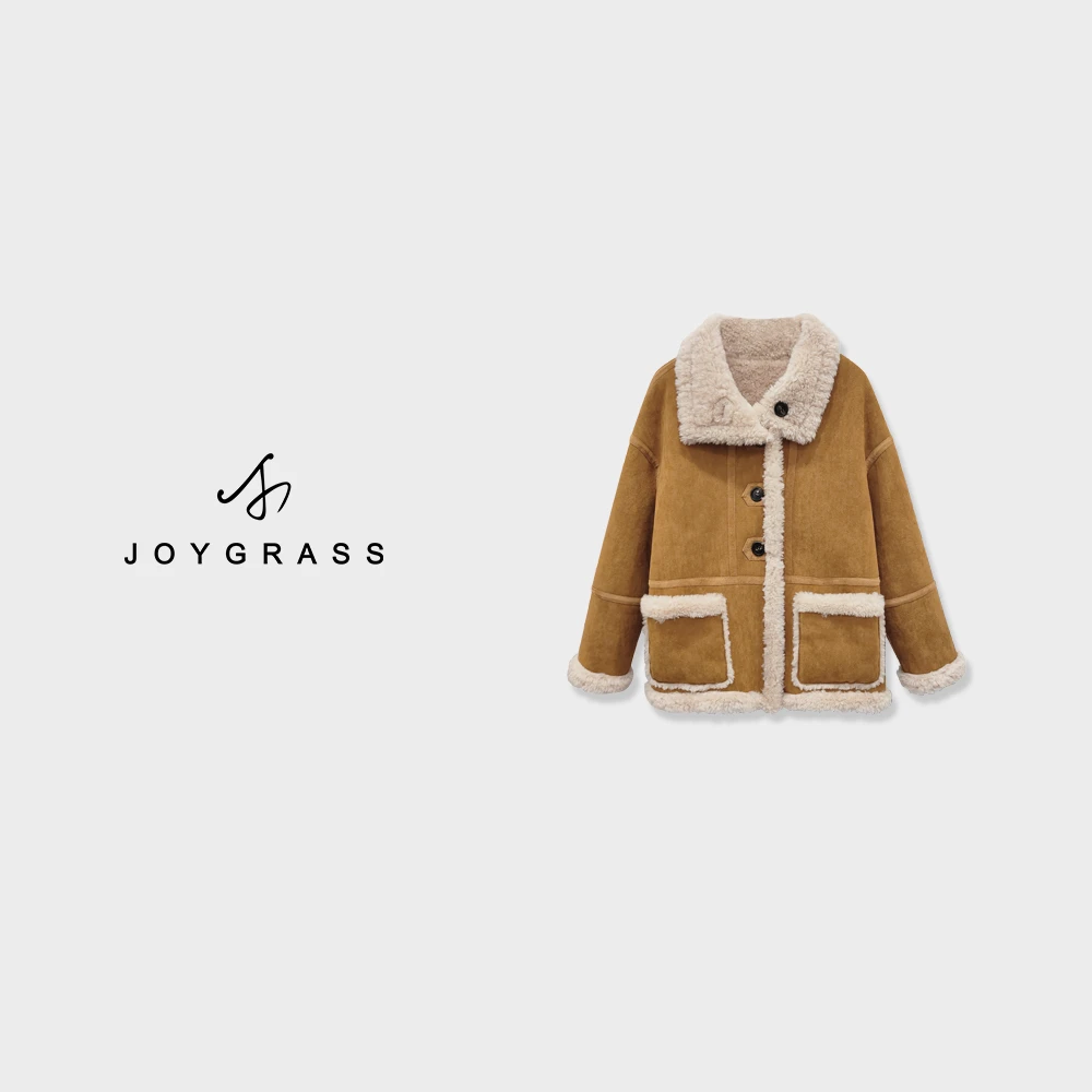 JOJYGRASS(乔伊)羊毛翻领外套保暖舒适麂皮拼接时尚设计D-03717