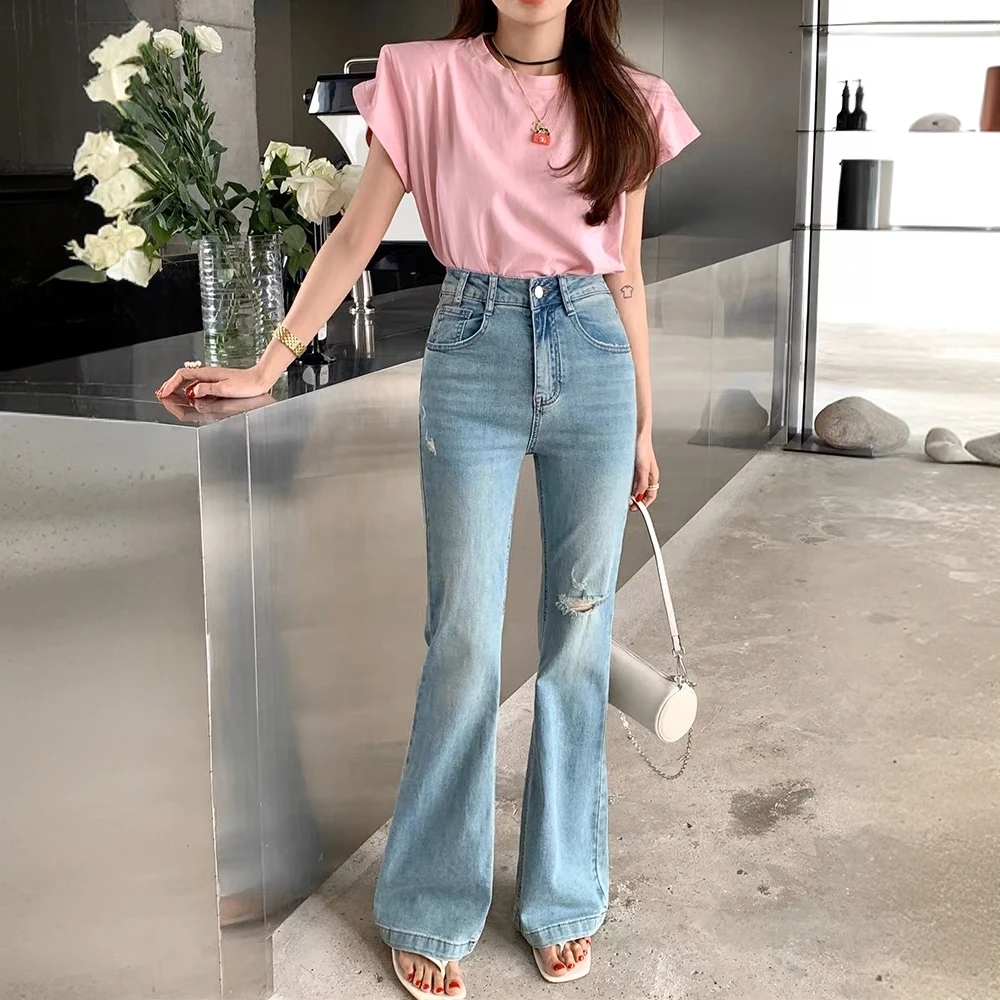 百搭蓝色破洞微喇牛仔裤女2025夏季新款高腰修身显瘦弹力喇叭裤子