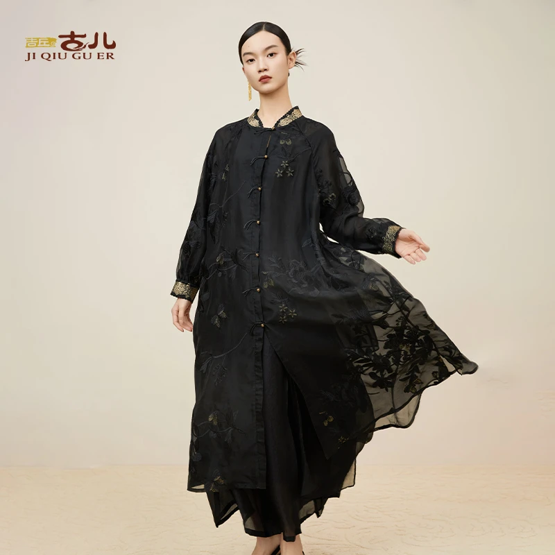 吉丘古儿满堂彩中长款衬衫气质欧根纱薄新中式风衣复古秋G243Y014