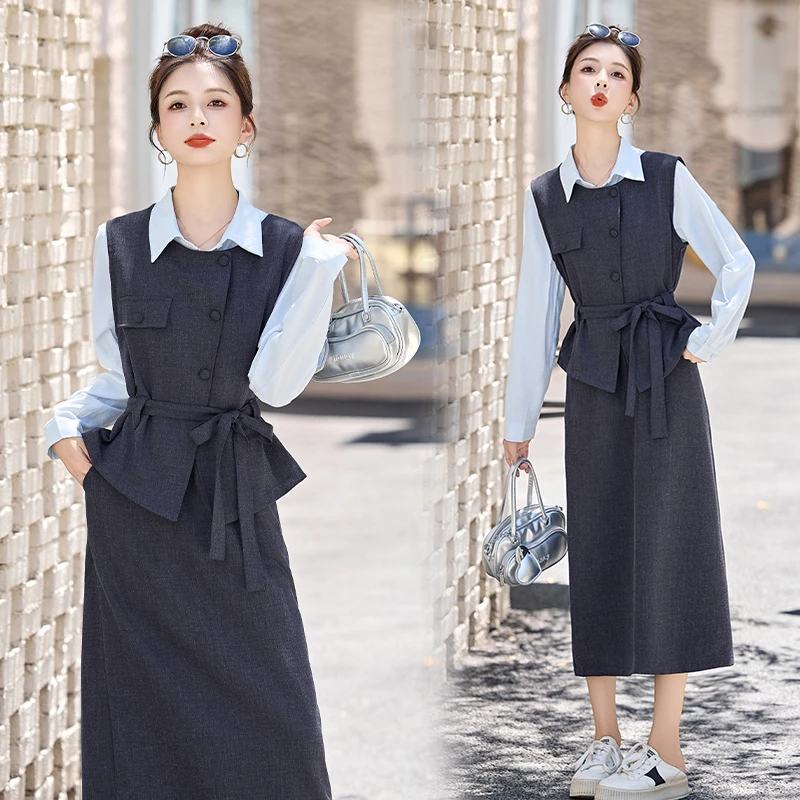 休闲时尚马甲衬衫套装女2025春秋新款高级感收腰显瘦半身裙三件套