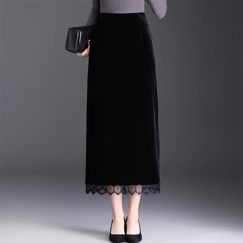 金丝绒包臀裙半身裙女秋冬中长裙子高腰显瘦蕾丝边直筒开叉一步裙