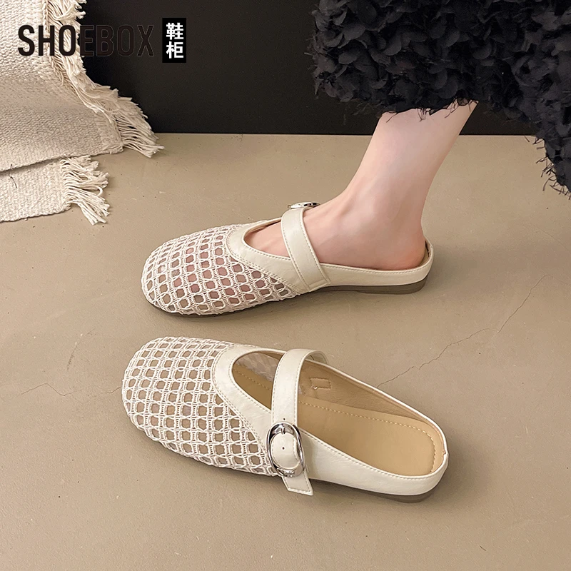 SHOEBOX鞋柜镂空包头半拖鞋女2025夏软底拖鞋编织浅口平底凉拖