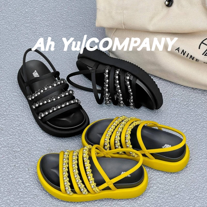 欧洲站2025夏季新款铆钉露趾松糕厚底凉鞋女外穿时尚增高罗马女鞋