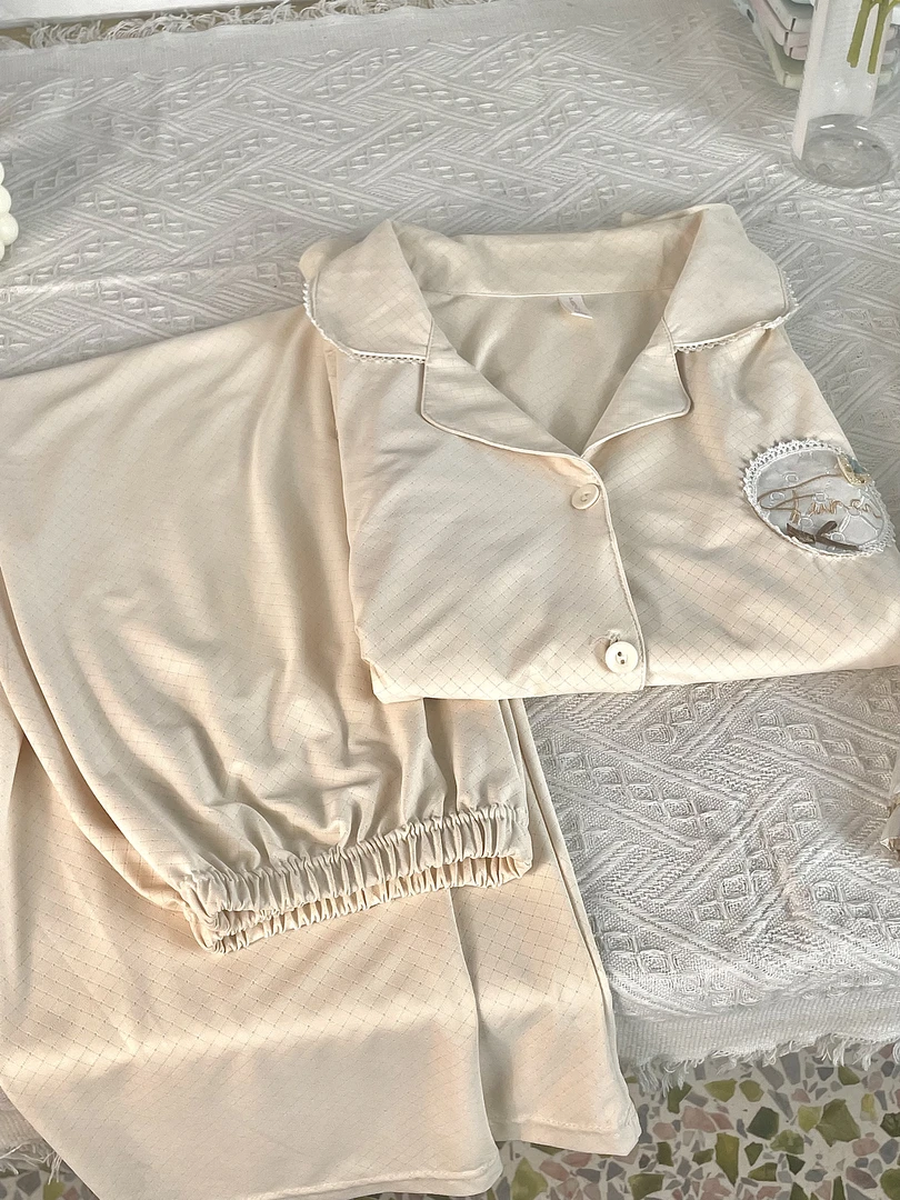 家居服套装翻领家居服蕾丝透气秋季V领睡衣夏季长袖休闲