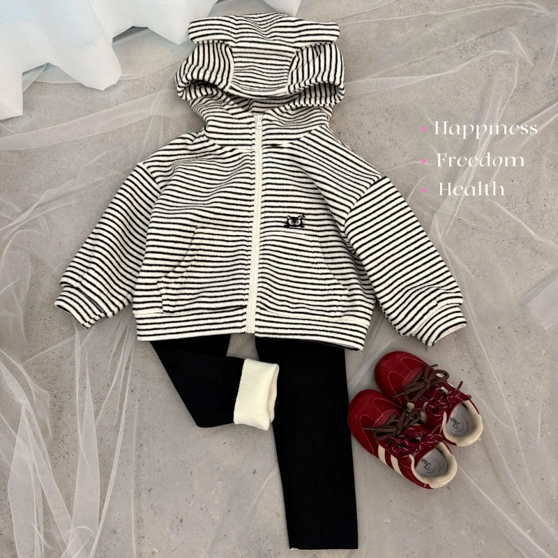 【鱼子酱】D2555WT加绒条纹外套中小童女童童装