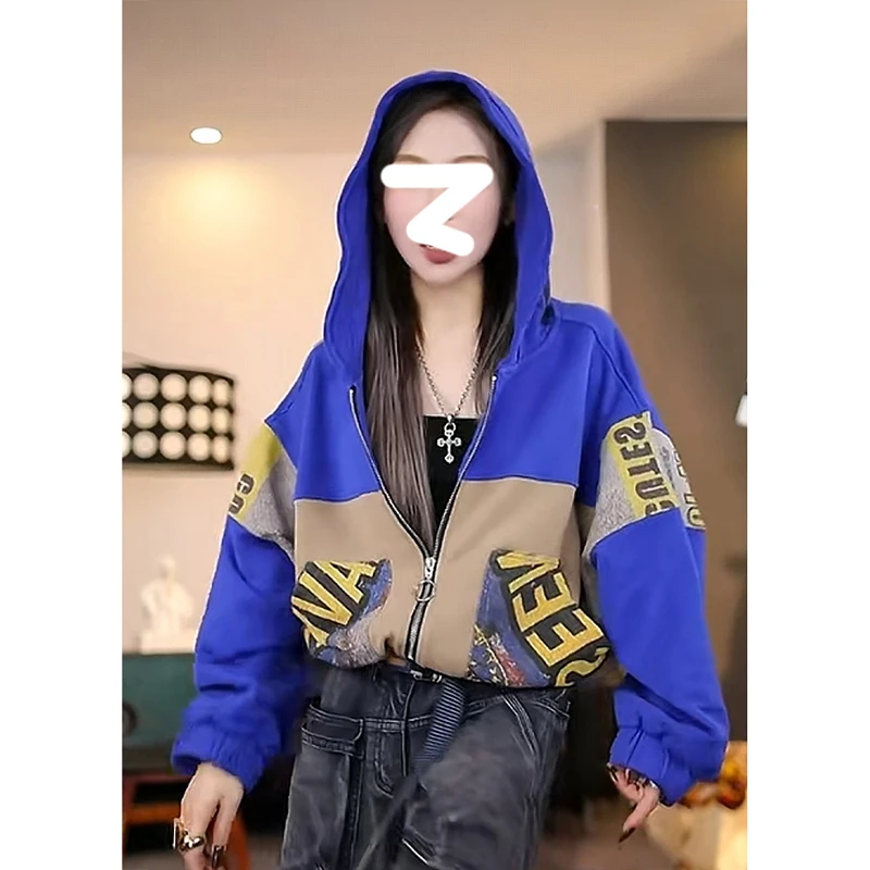 长袖2025秋季薄款洋气连帽撞色拼接女运动卫衣短款外套百搭休闲风