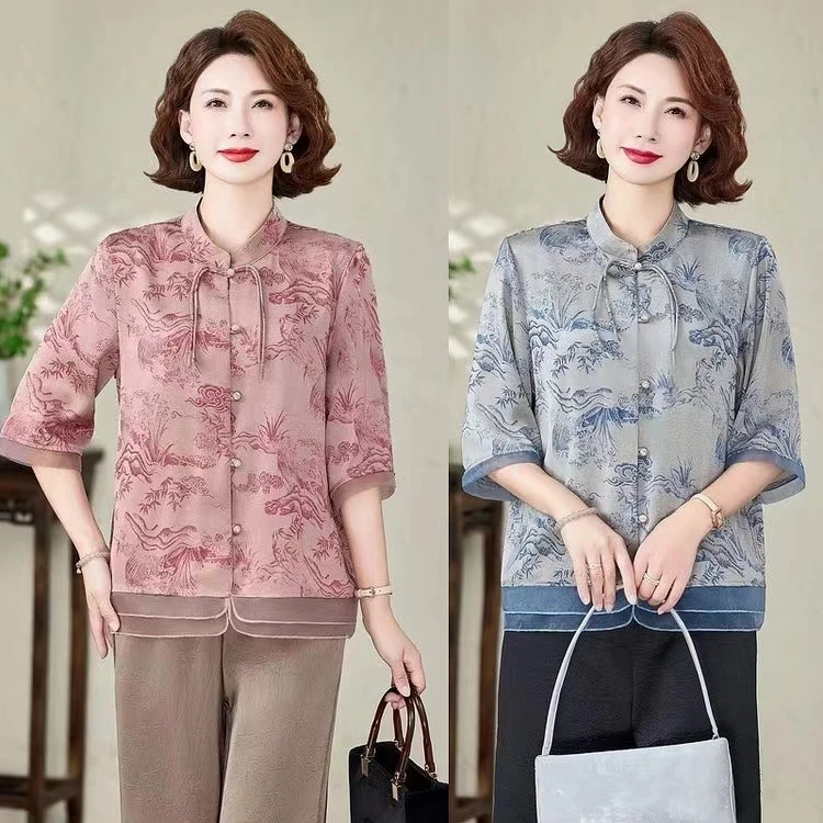 圆领宽松中老年女装新中式妈妈装夏款民族风衬衫大码七分袖开衫
