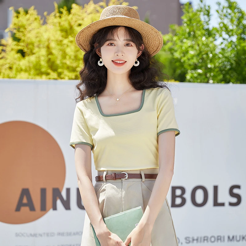MM日系小众方领短袖T恤显瘦设计感修身微胖遮肚百搭洋气衣服女