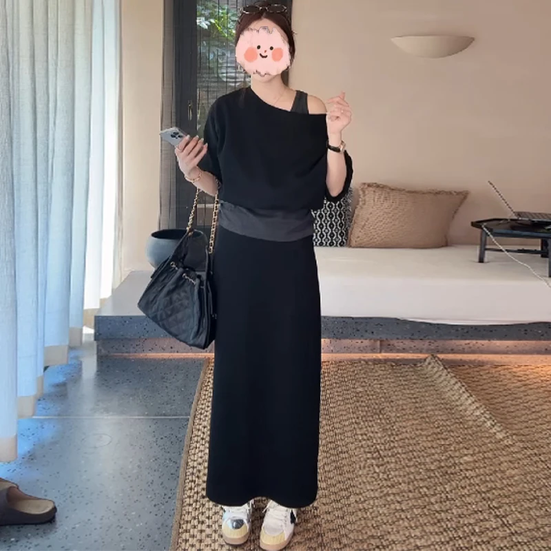 韩系减龄时髦两件套女早秋显瘦拼接假两件上衣+高腰半身裙套装