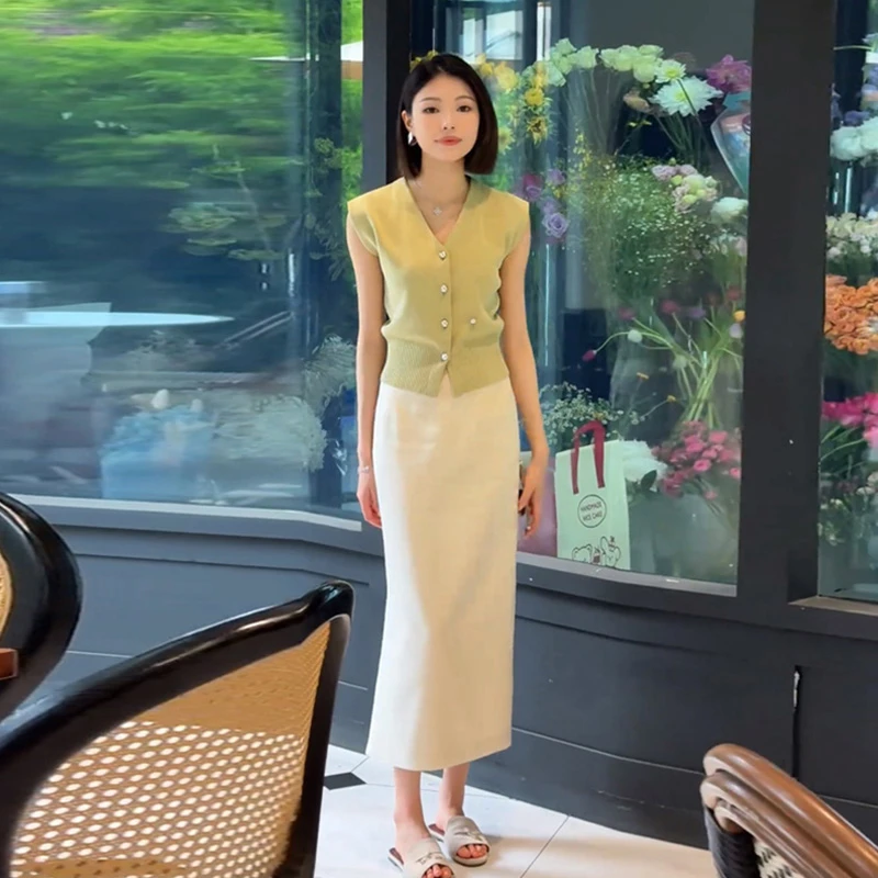 夏日绝美好看纯色修身显瘦针织衫法式高腰垂感半身裙高级感两件套