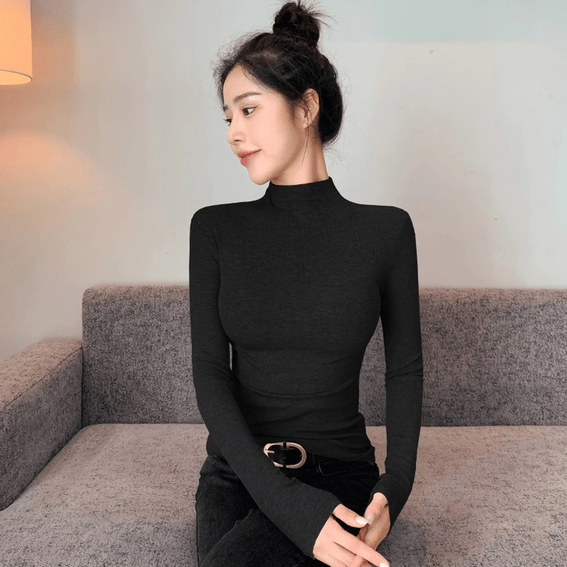 拉夏贝尔秋冬季正肩半高领修身长袖t恤女气质百搭黑色打底衫上衣