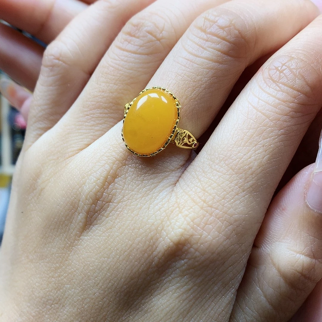 蜜蜡戒指银S925镶嵌戒指