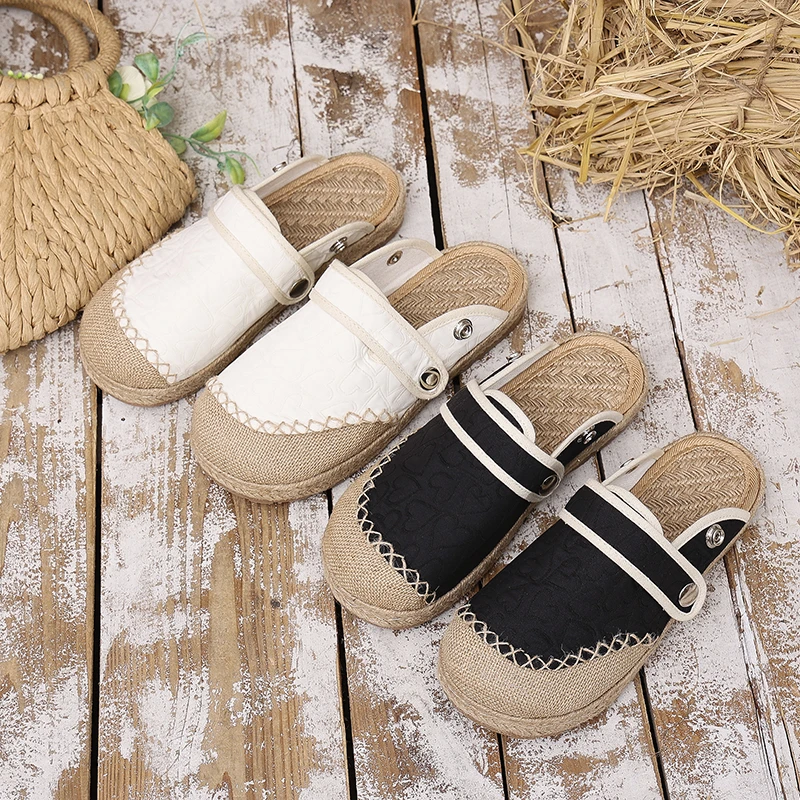 {扣带}编织简约一脚蹬鞋托防滑复古浅口透气软底包头舒适休闲女鞋