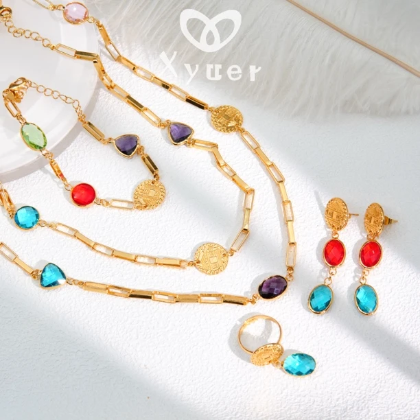 铜合金珐琅项链 Xyuer谢雨儿新款彩色钻首饰四件套套装