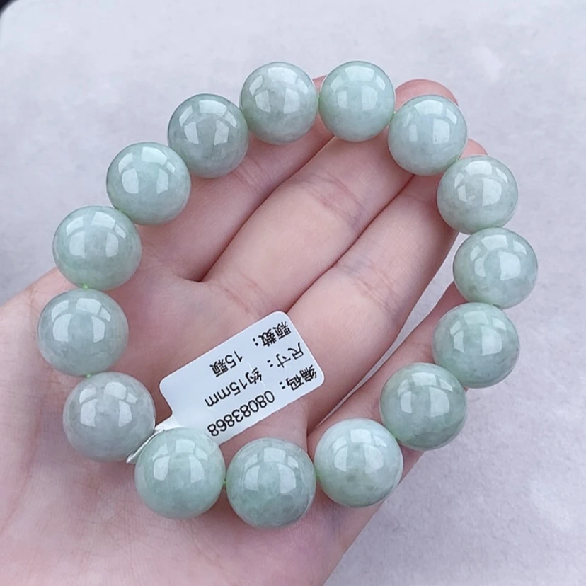 缅甸天然翡翠手串 大卡15 果绿圆珠手串 男款大气 绿色时尚 气质