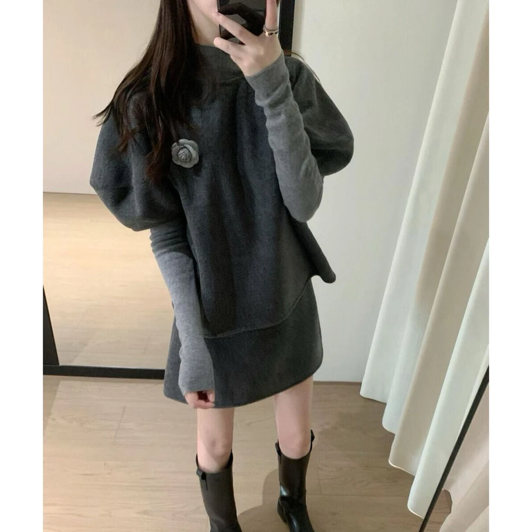 韩系时尚套装高领长袖针织打底衫斗篷马甲秋季半身裙三件套A1572