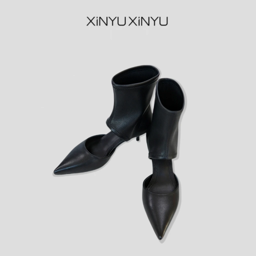 XINYU/芯与尖头套袜设计镂空羊皮细高跟靴子 XZ3228 细跟 时尚