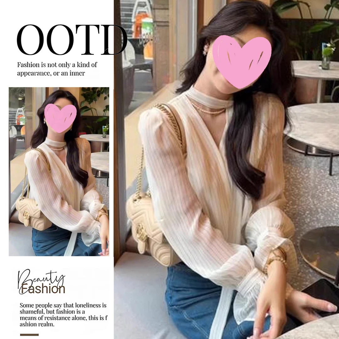 法式系带蝴蝶结条纹v领喇叭袖衬衫女秋季设计感小众洋气减龄上衣