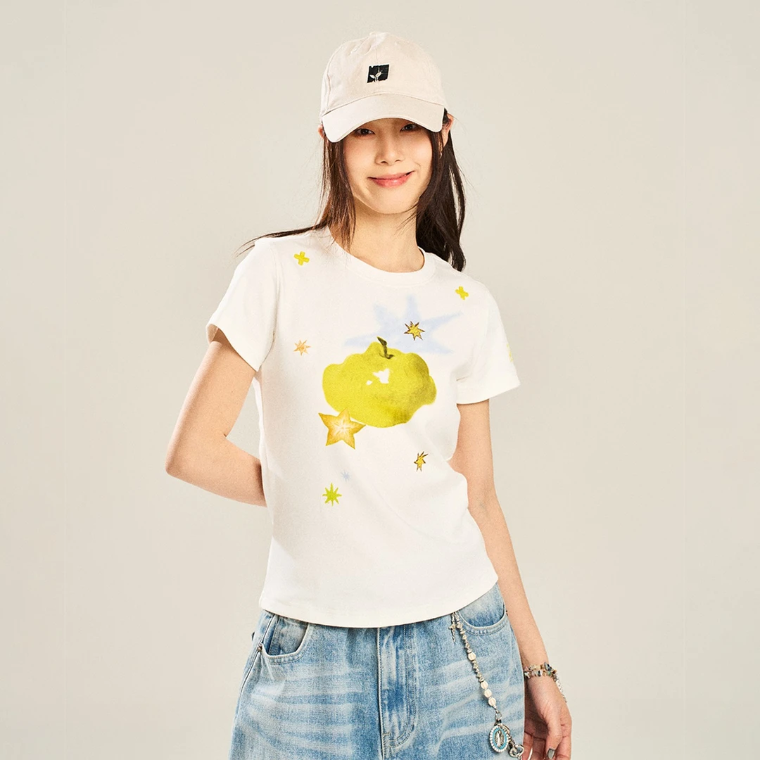 NSTNEW START发芽计划夏日多巴胺短袖夏季青苹果印花白色T恤女夏