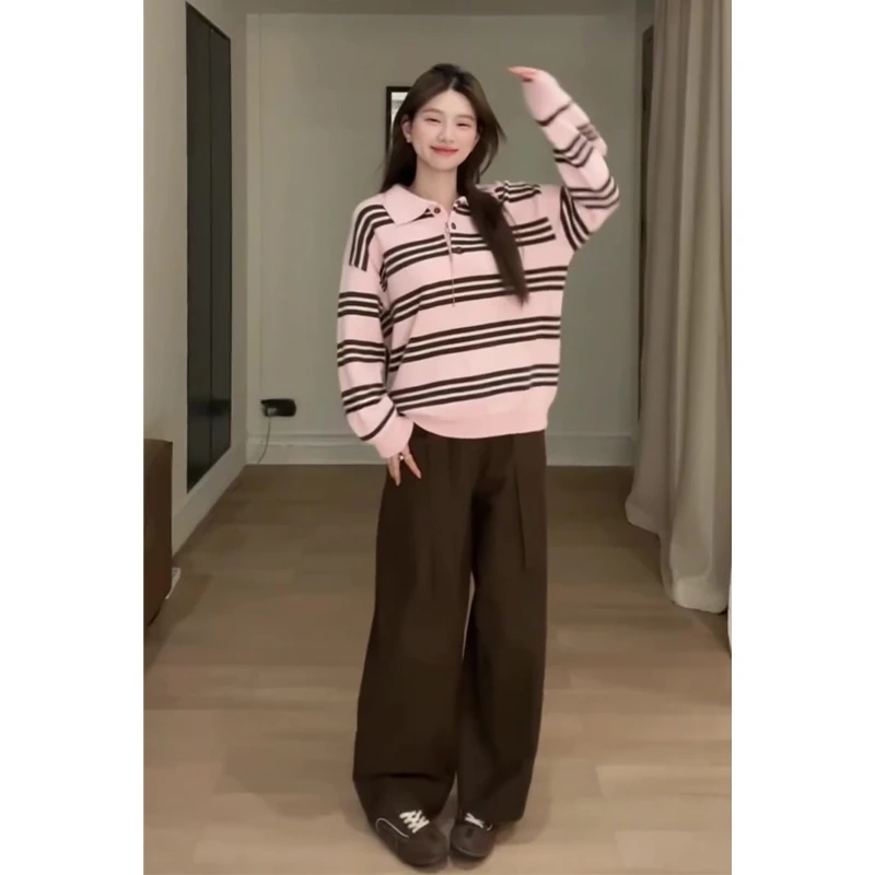 2025秋季新款女韩系穿搭翻领条纹宽松毛衣上衣高腰显瘦阔腿长裤