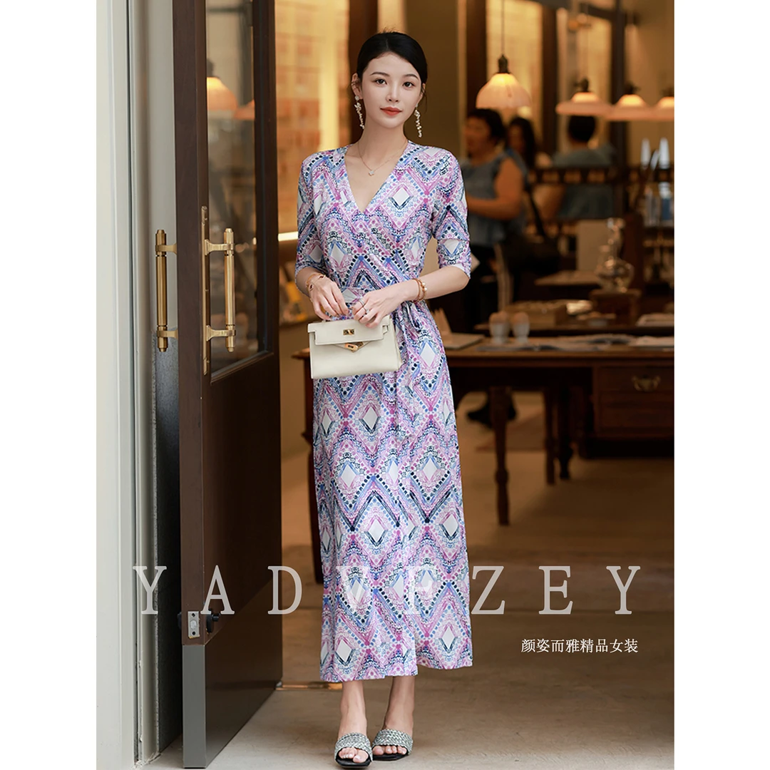 夏季新款裹身裙法式波西米亚菱格印花气质显瘦一片式裹身连衣裙