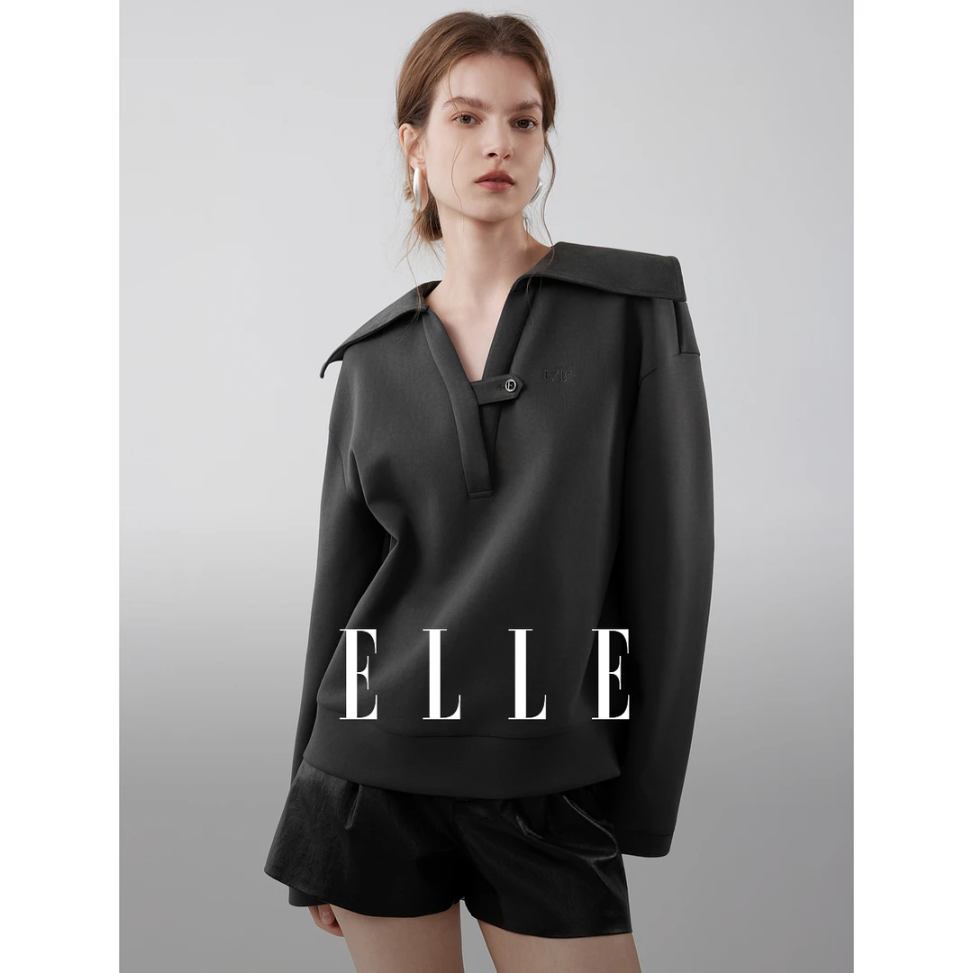 ELLE女装灰色大翻领卫衣2025秋季新款休闲套头时髦上衣EW52707
