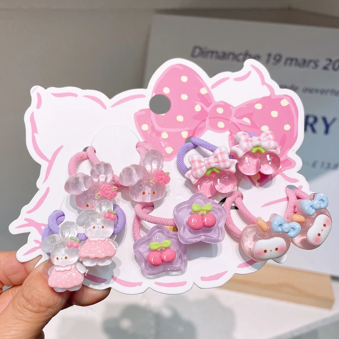 A-6385  bh 混色5对粉色兔子樱桃可爱扎小揪揪螺纹皮筋     发圈