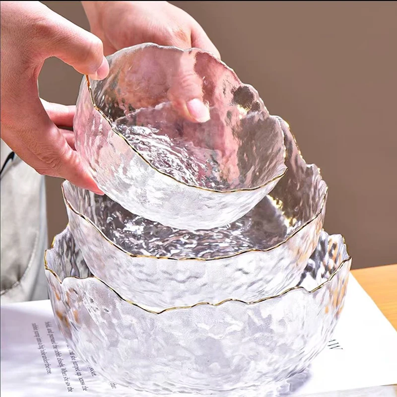 锤纹玻璃碗沙拉碗碟纯色创意北欧风餐具甜品碗家用透明冰川碗ins