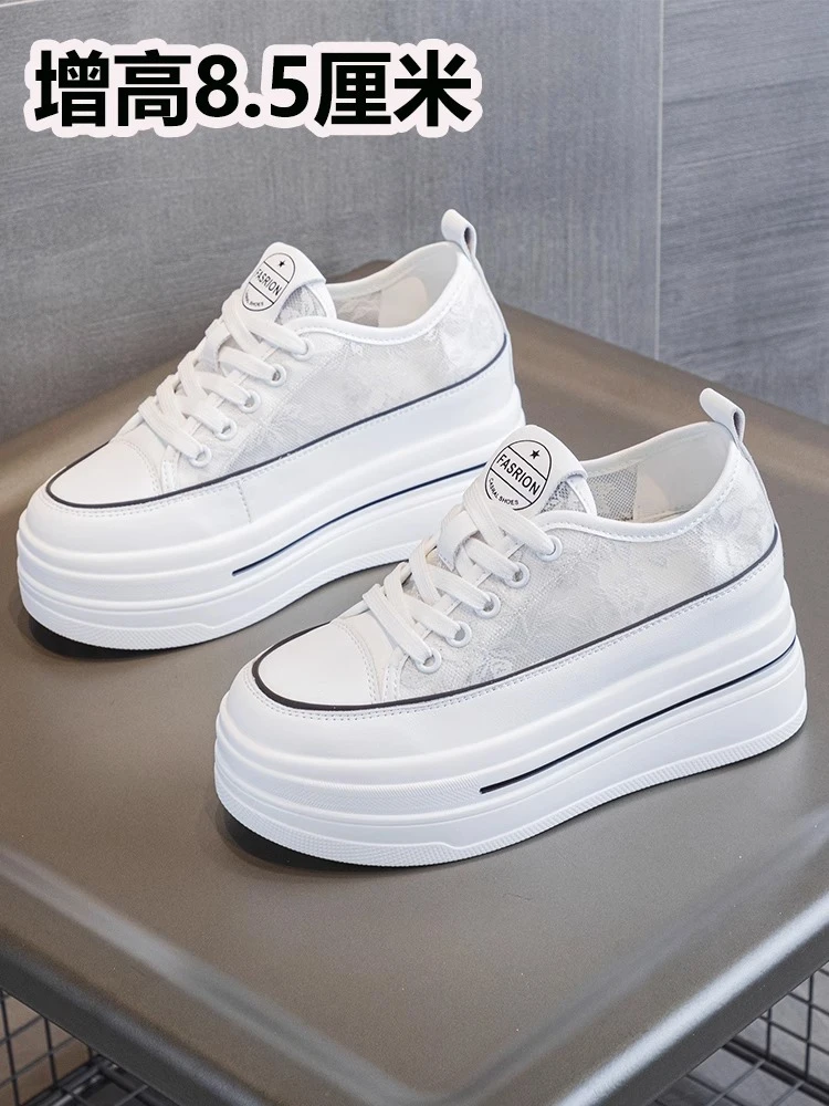 内增高小白鞋女2025夏透气网面凉鞋女8cm厚底小个子小码板鞋