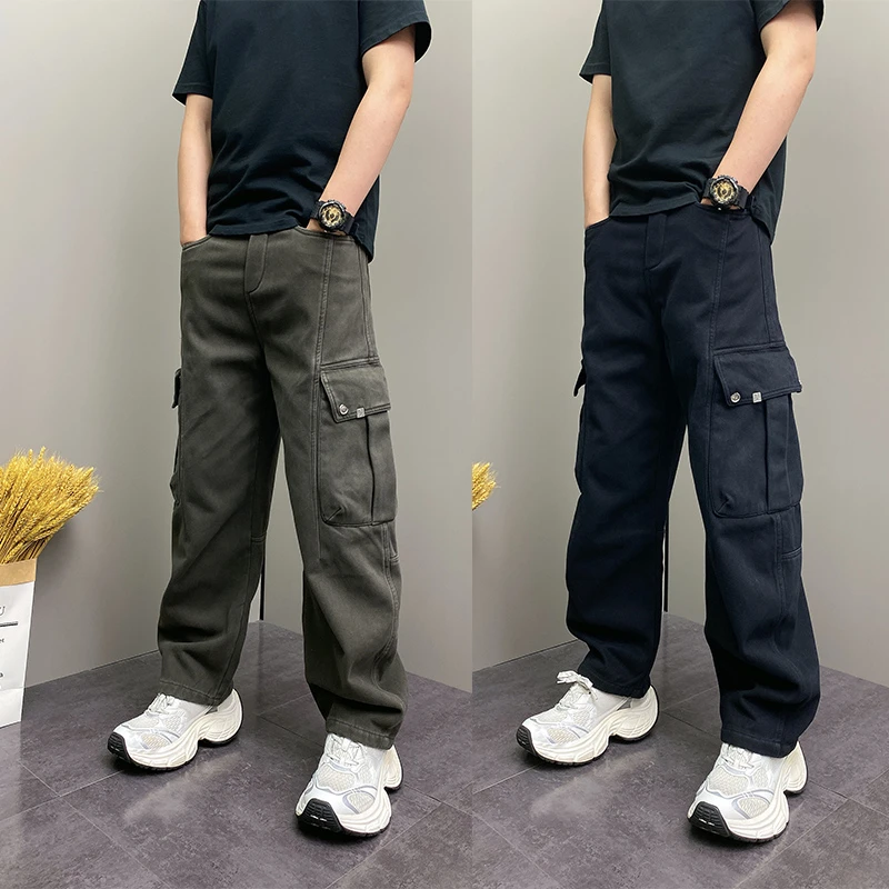 加绒复古多口袋工装裤男高街宽松阔腿直筒裤2025冬季痞帅休闲长裤
