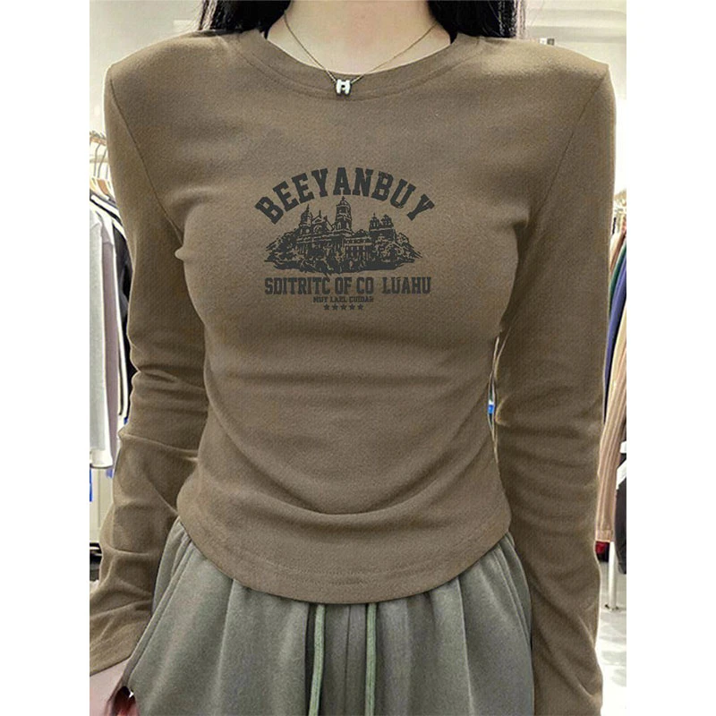 小个子穿搭德绒长袖T恤女秋冬潮牌美式复古修身显瘦内搭打底上衣