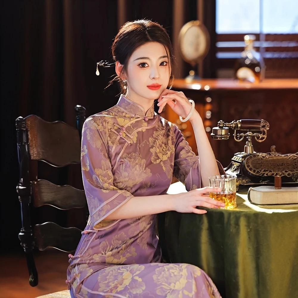 紫色老上海旗袍女2025新款夏季改良日常可穿气质高端新中式小个子