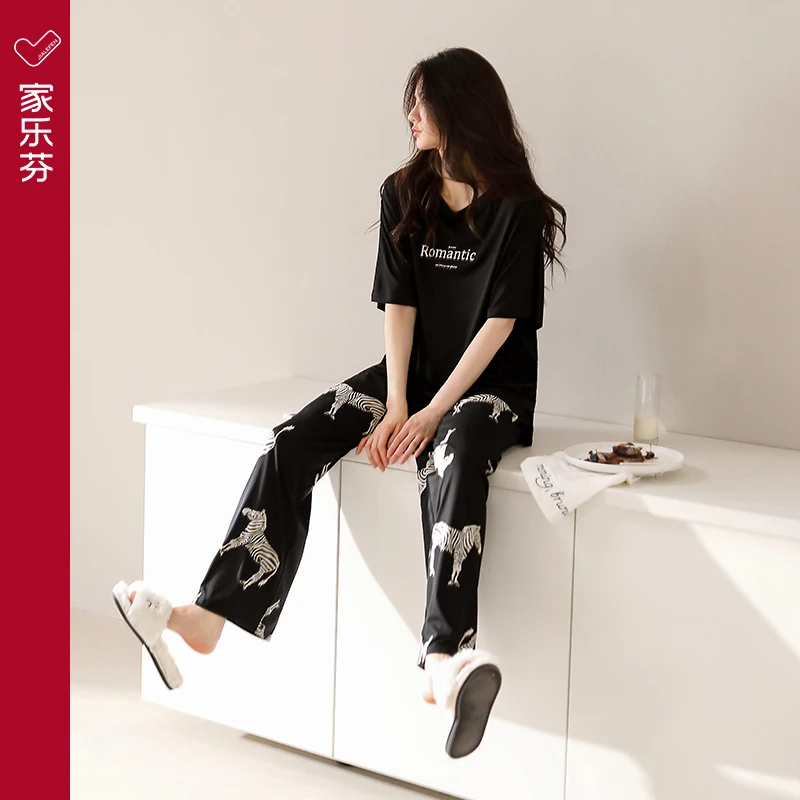 家乐芬睡衣女夏季短袖长裤莫代尔家居服夏天薄款冰丝大码斑马套装