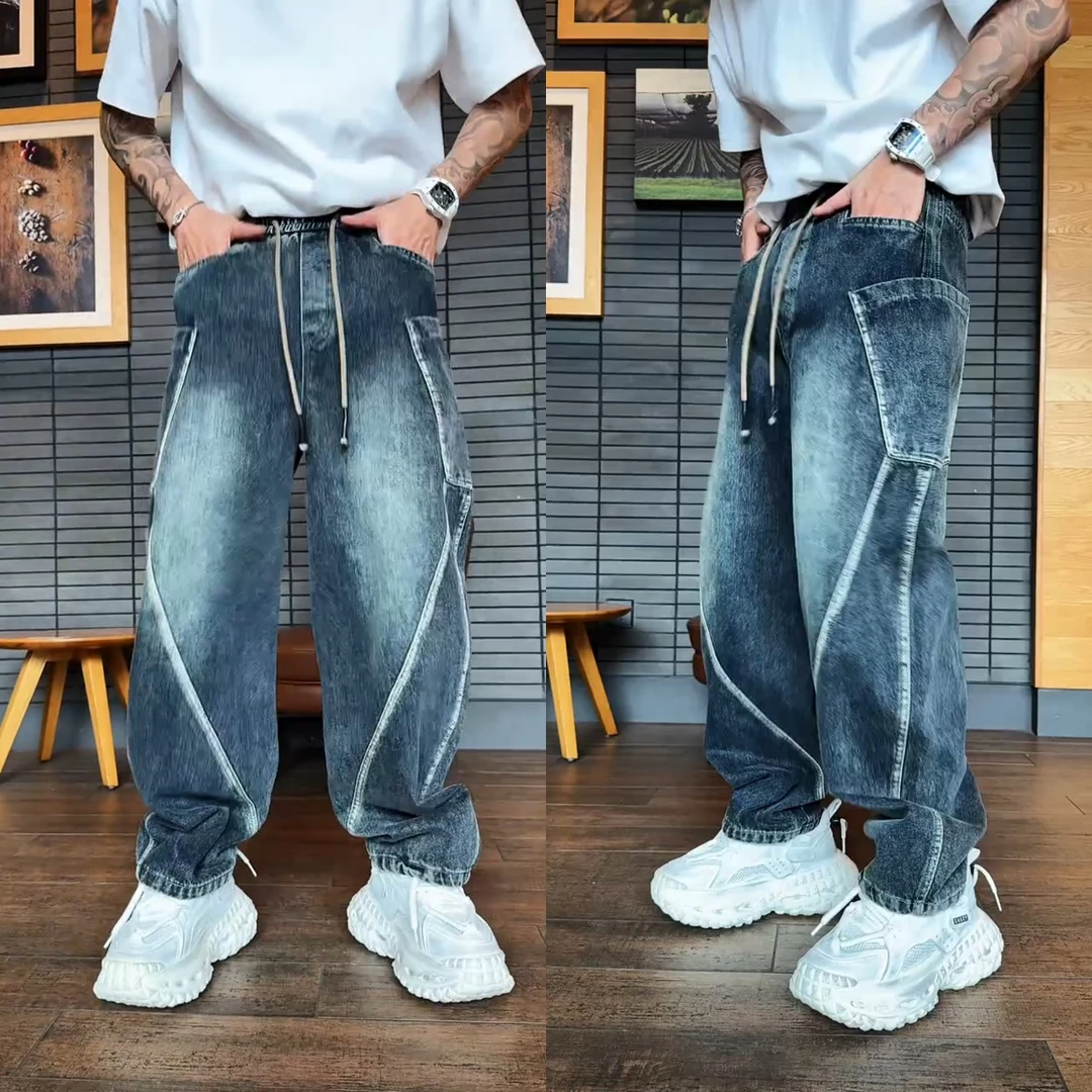 宽松百搭大兜拼接复古弯刀牛仔裤男士美式高街痞帅设计感休闲裤
