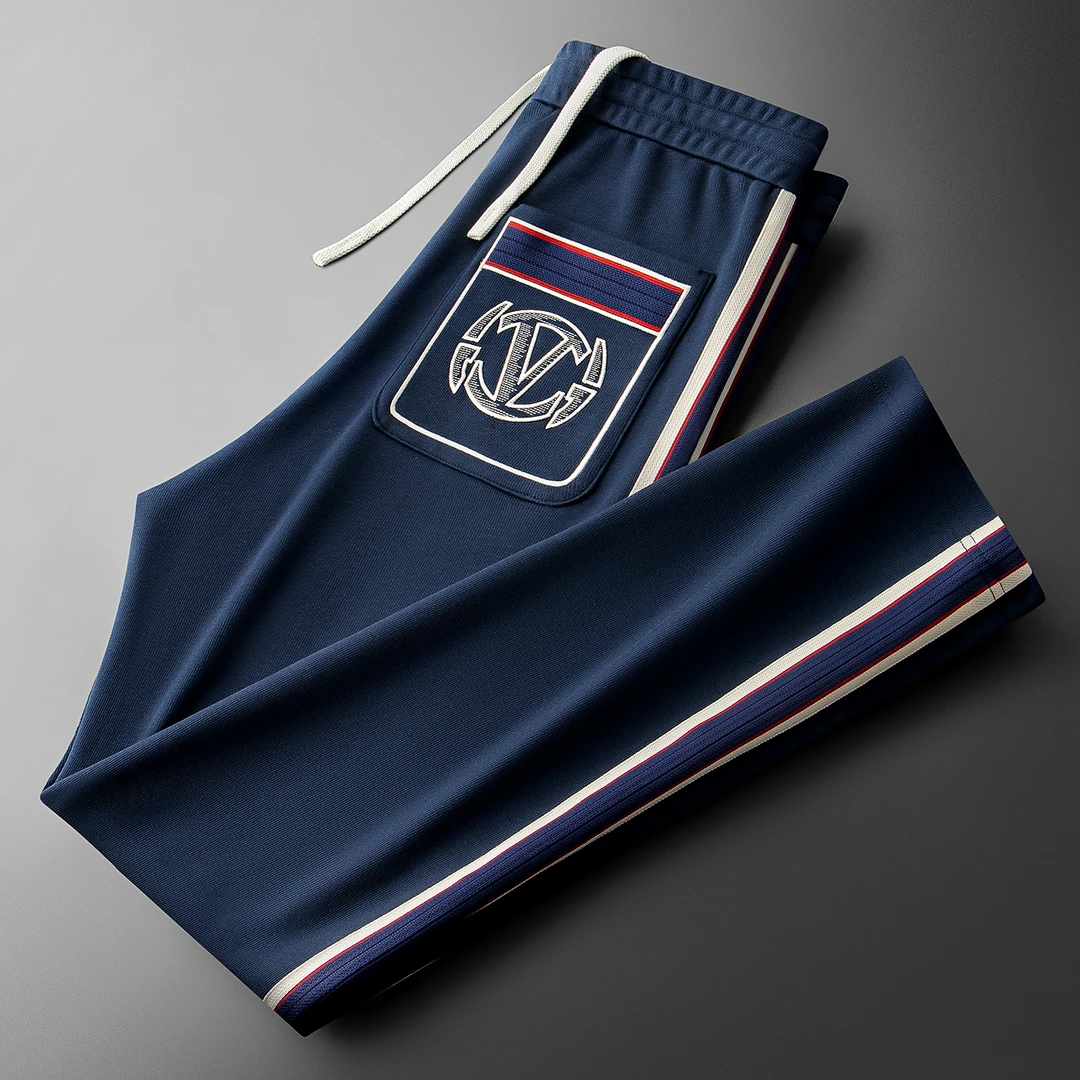 春秋季高端时尚撞色刺绣休闲裤男士潮牌轻奢修身直筒运动卫裤男款