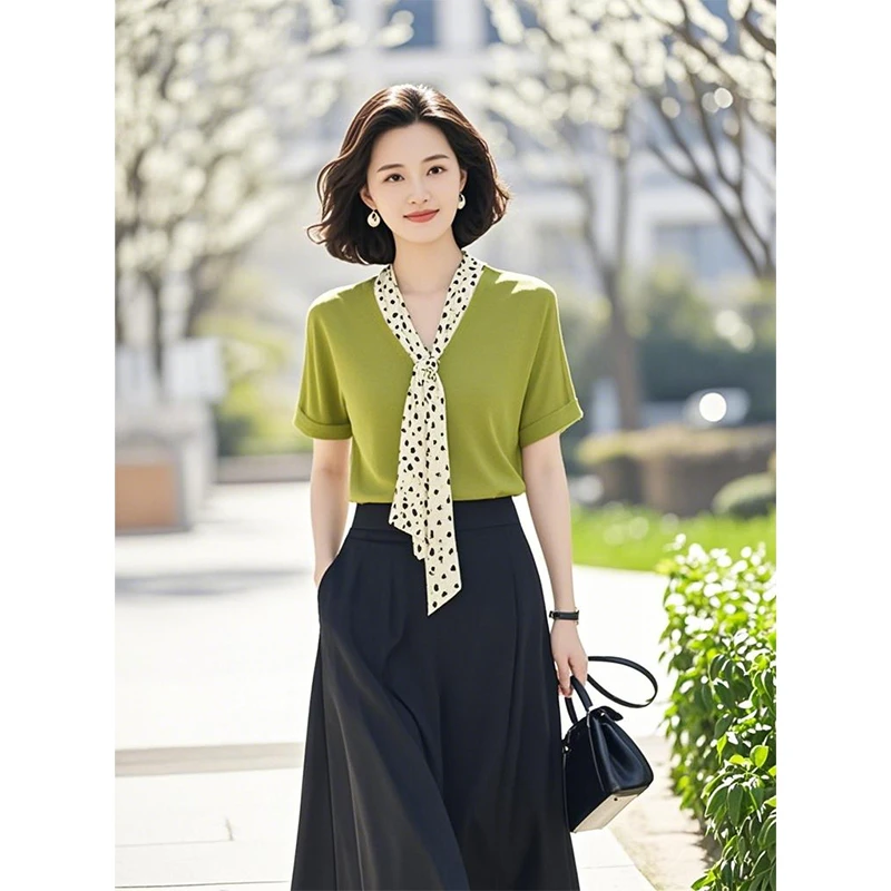 轻熟气质设计感绿色短袖T恤2025年女装春夏新款高级感系带上衣