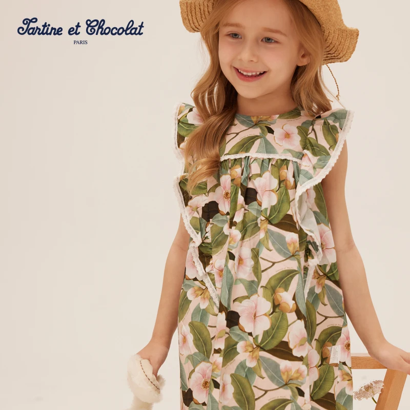 TC法国巧克力童装夏季新款女童碎花梭织户外遮阳帽25女宝编织宝宝