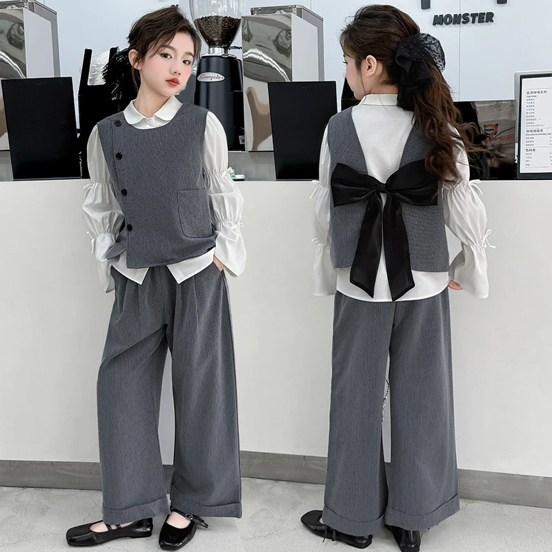 女童套装春秋款2025新款儿童韩版休闲三件套时尚马甲衬衫阔腿裤潮