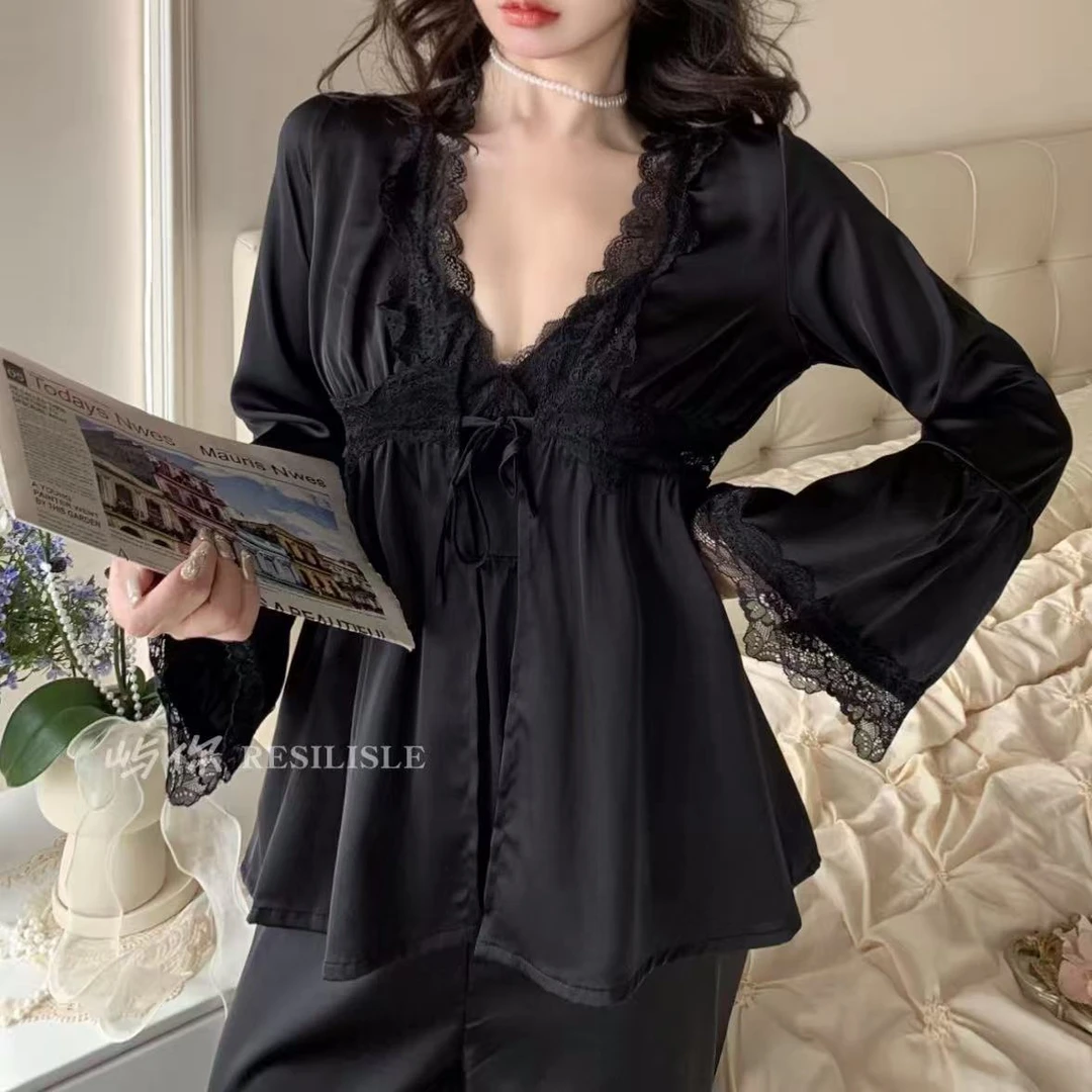 【星落浅湾】(80-135)赵露思同款秋季吊带长裤法式蕾丝三件套家居服