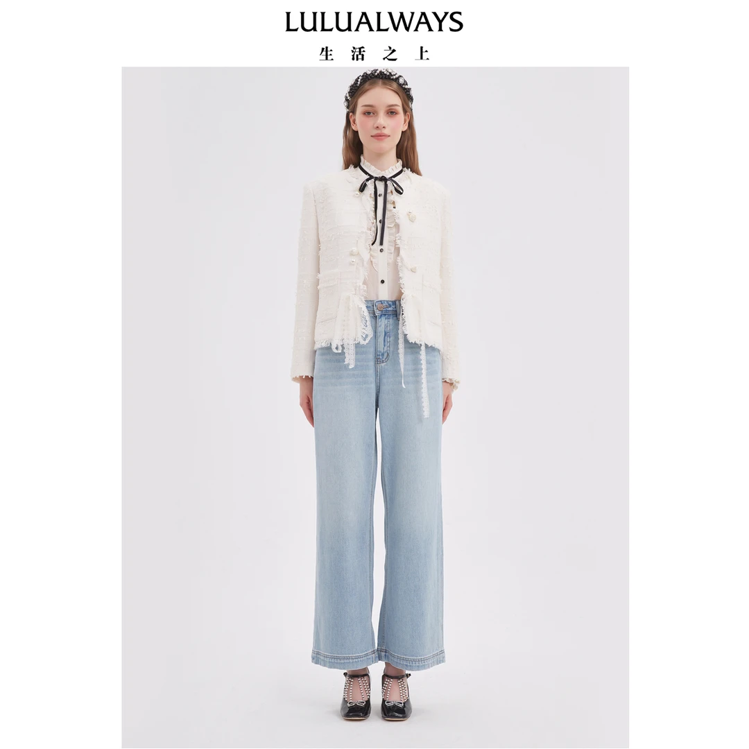 LULUALWAYS我爱露露25秋季新款法式优雅蕾丝拉毛无领小香风短外套