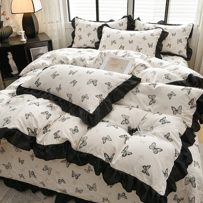 【工厂直销】法式赫本风亲肤软糯床盖款四件套不掉色不起球防滑床盖