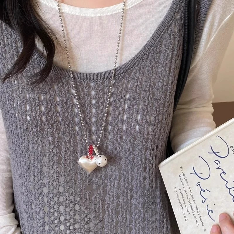 铜项链 银色波点爱心吊坠项链女韩系ins卫衣链配饰毛衣链