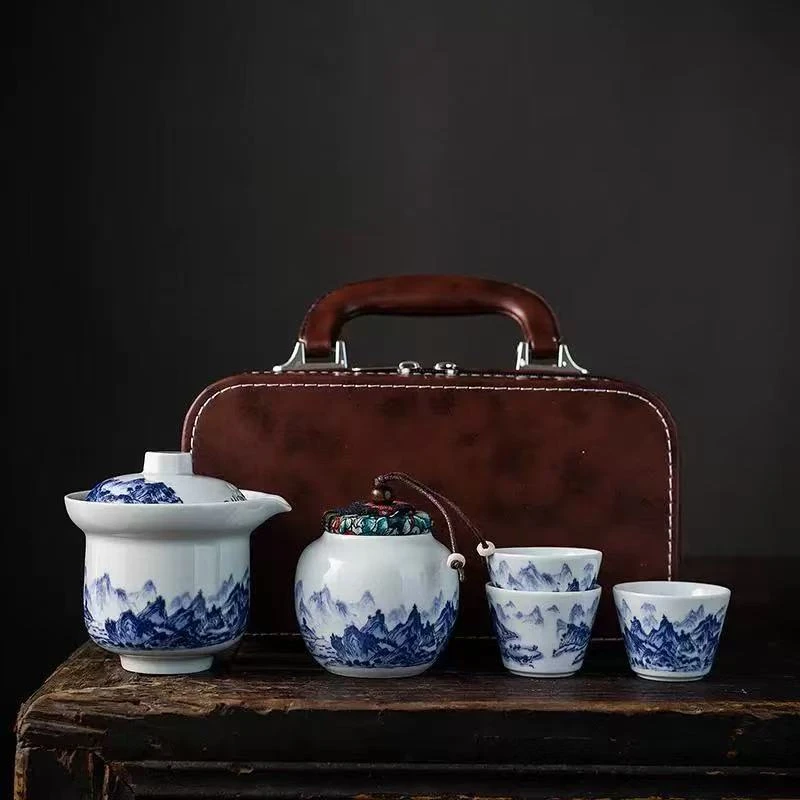 D571-陶瓷山水旅行茶具+茶叶罐套装