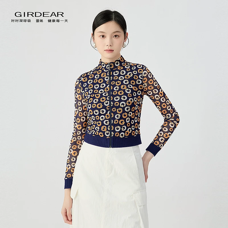 哥弟品质女装新款休闲百搭短款小立领弹力印花丝网拉链外套140009