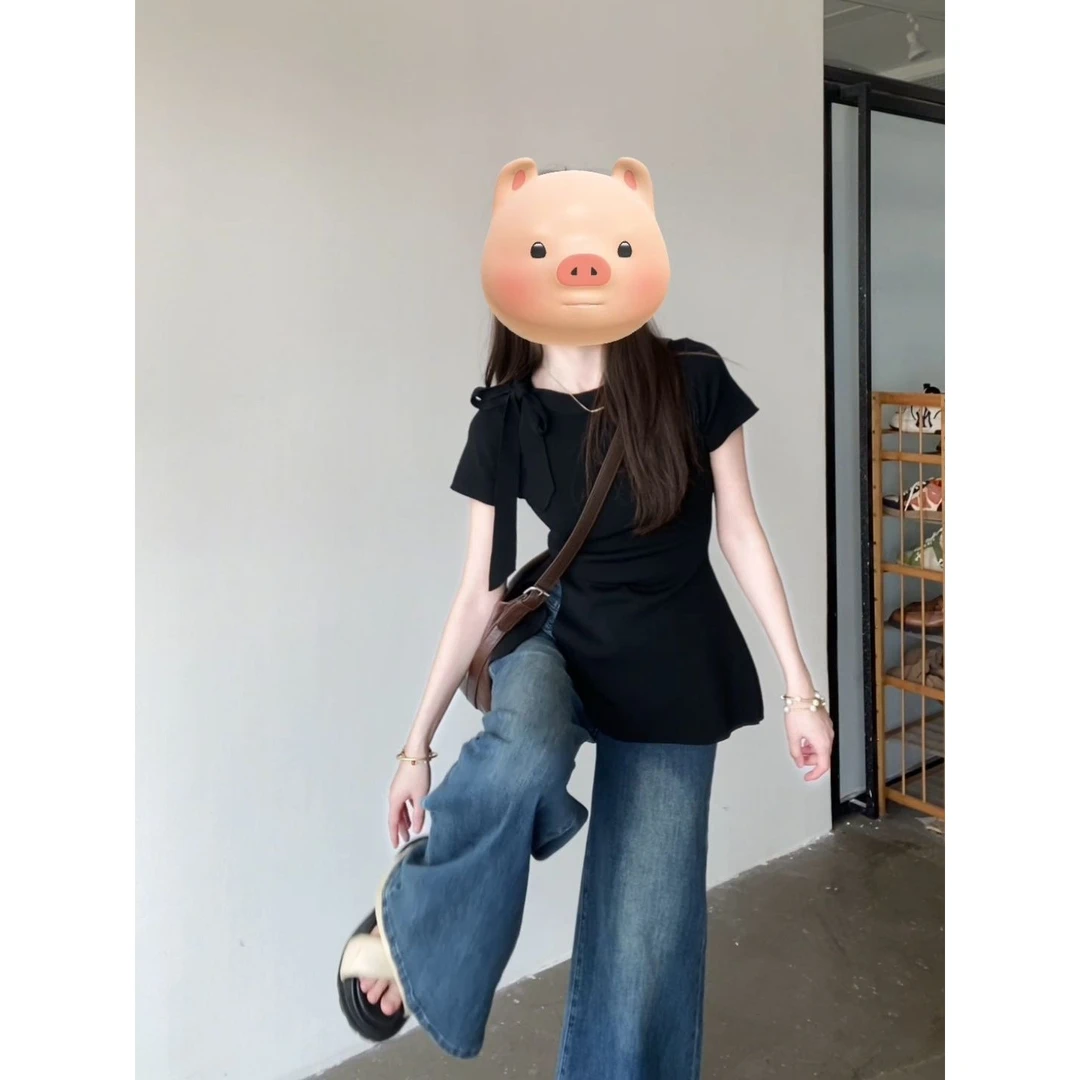 韩系芭蕾风系带开叉设计感黑色短袖t恤女夏季温柔显瘦中长款上衣