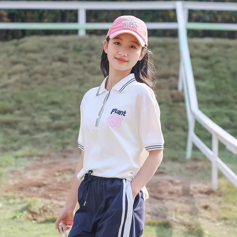 少女短袖T恤夏季套装2025新款洋气初中生polo衫运动上衣女孩夏装